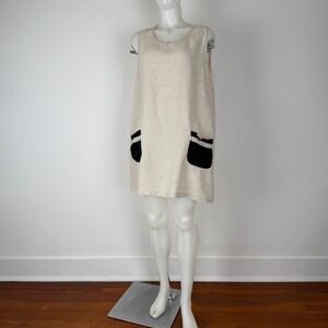 Match Point 100% Linen Shift Dress XL Oatmeal Beige Black Ruffle Pocket